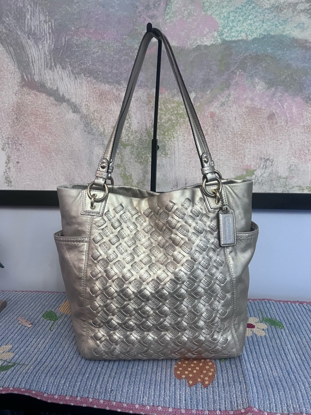 COACH North South Woven Metallic Gold Leather Shoulder Bag
